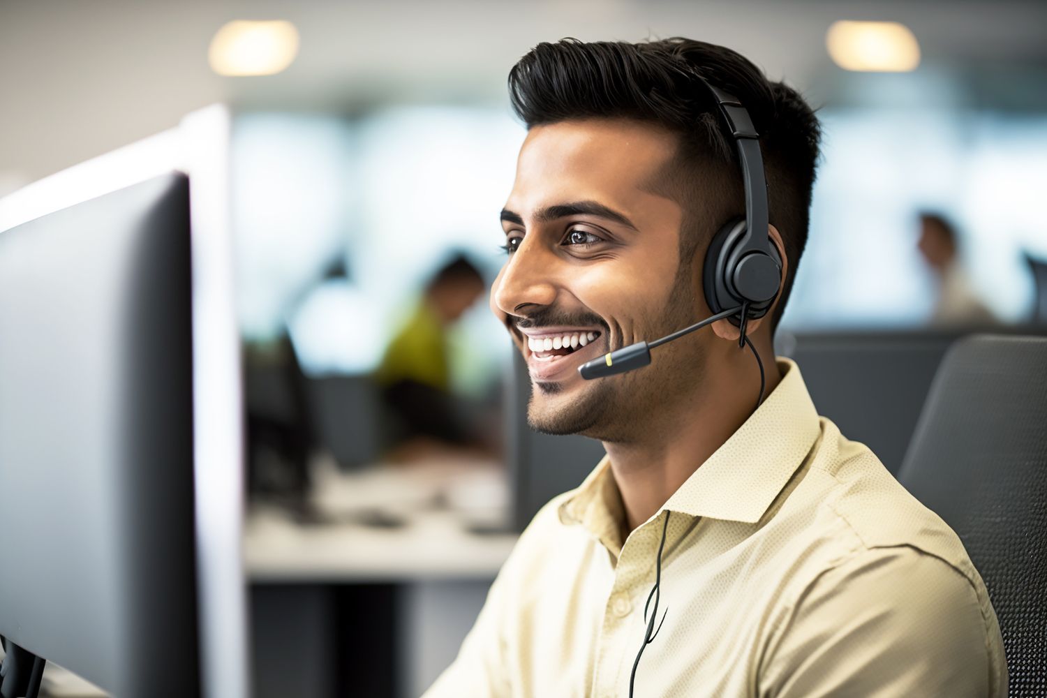 Image of a customer support rep smiling at the computer with a headset on