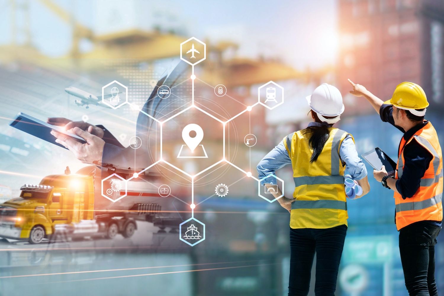 Graphic of two supply chain workers reviewing their distribution network digitally