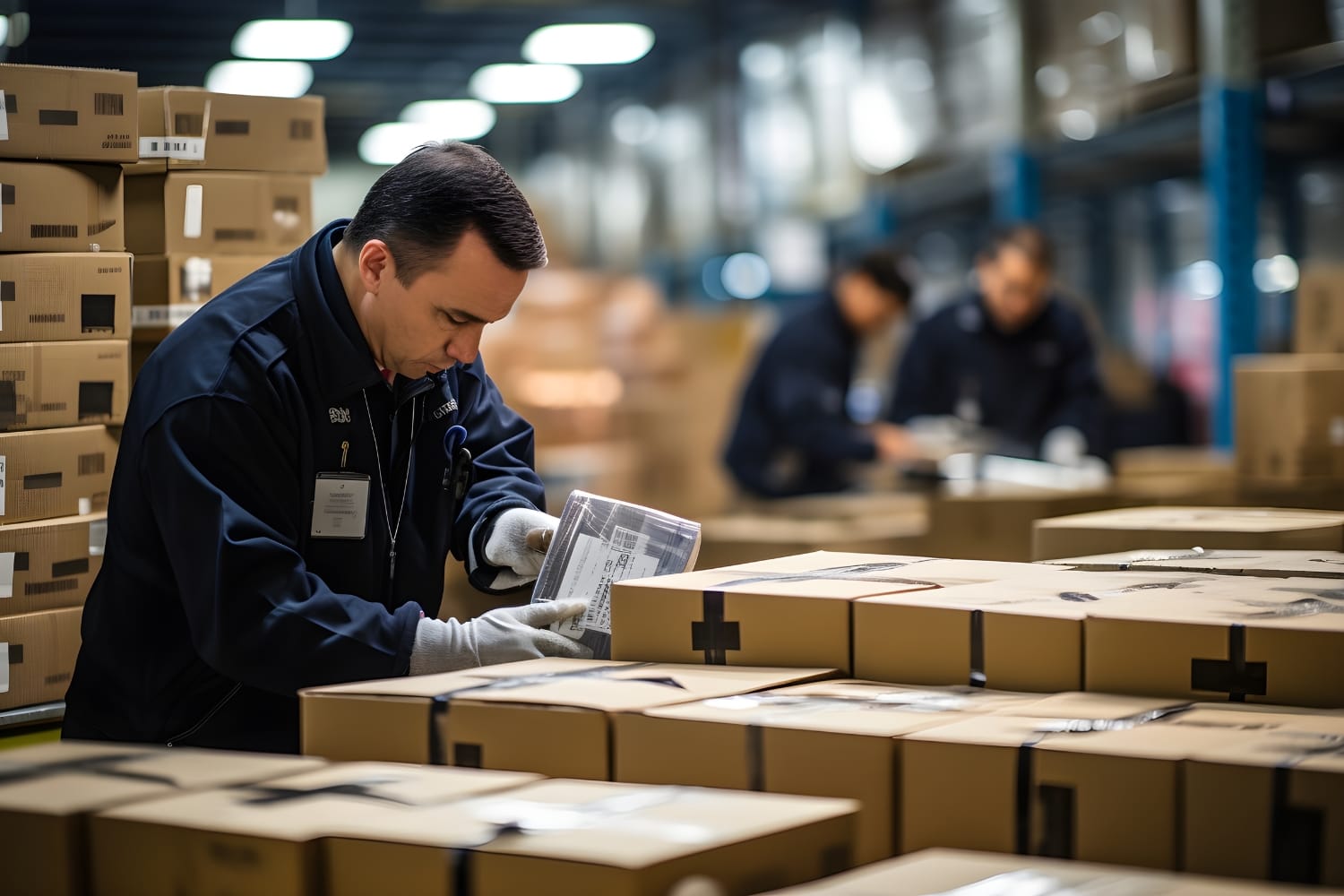 Image of three workers inspecting boxes for customs clearance
