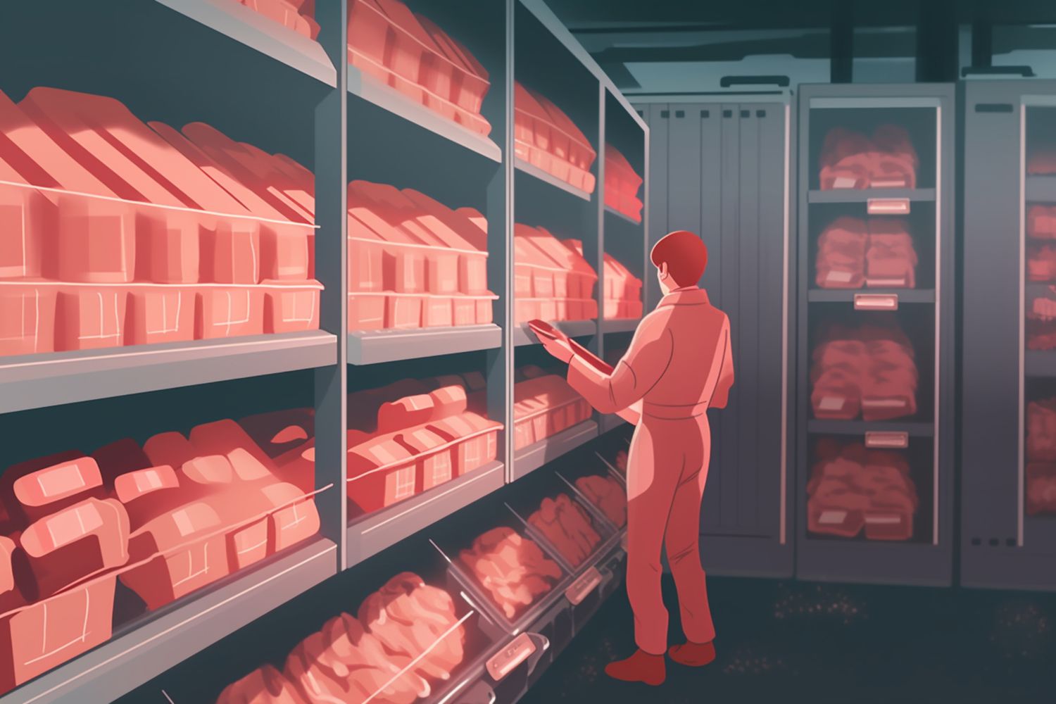  	A red and gray illustration of a person facing an assortment of items in a warehouse