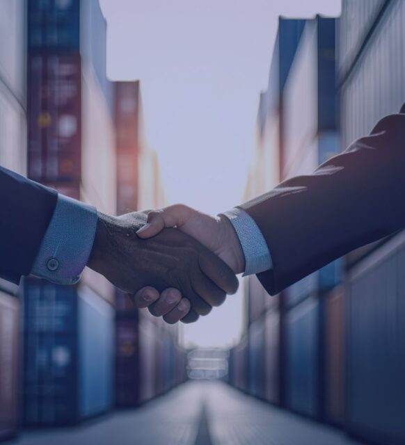 Image of two businesspeople shaking hands in a shipment yard