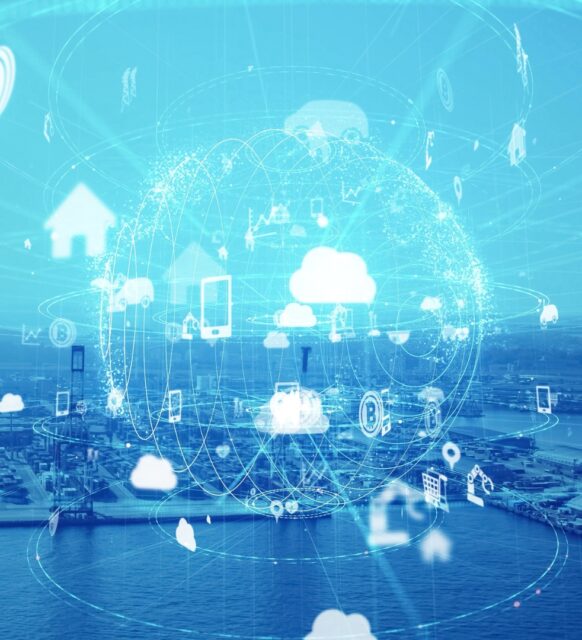Graphic of a global supply chain network over a city landscape