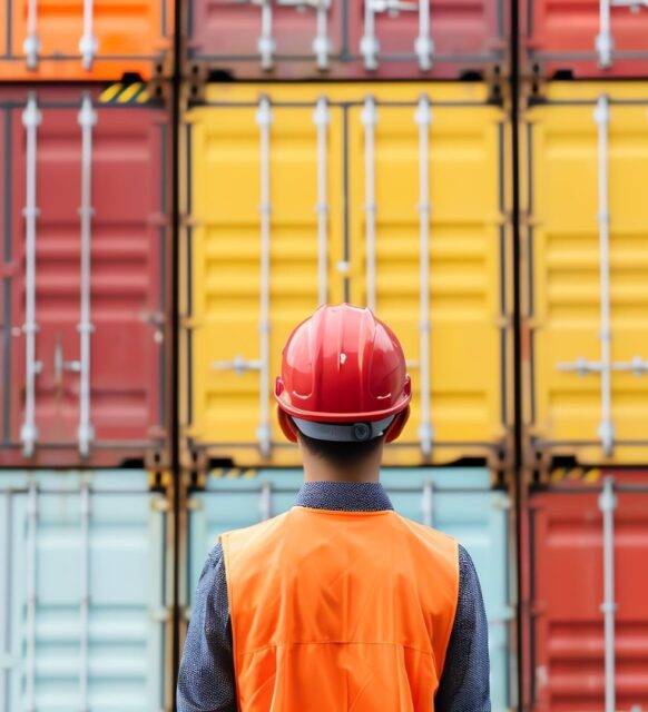 Image of a logistics worker from behind looking at multi-colored freight