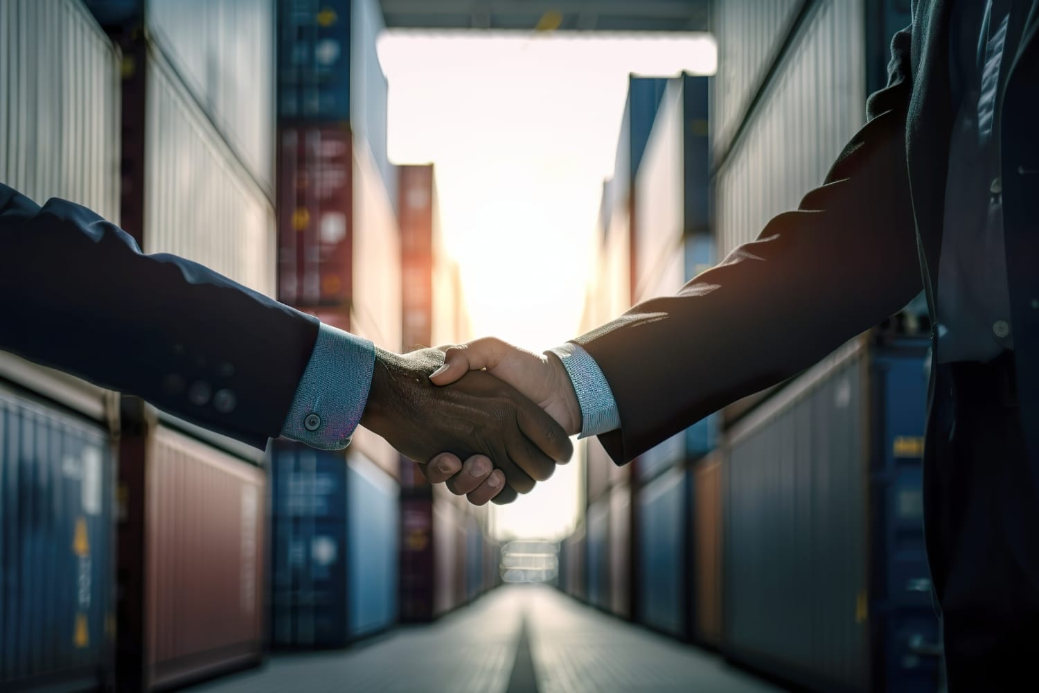Image of two people in suits shaking hands at a freight port