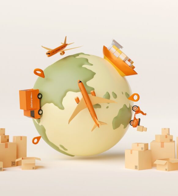 A graphic of different shipping modes on the Earth with cardboard boxes at the bottom