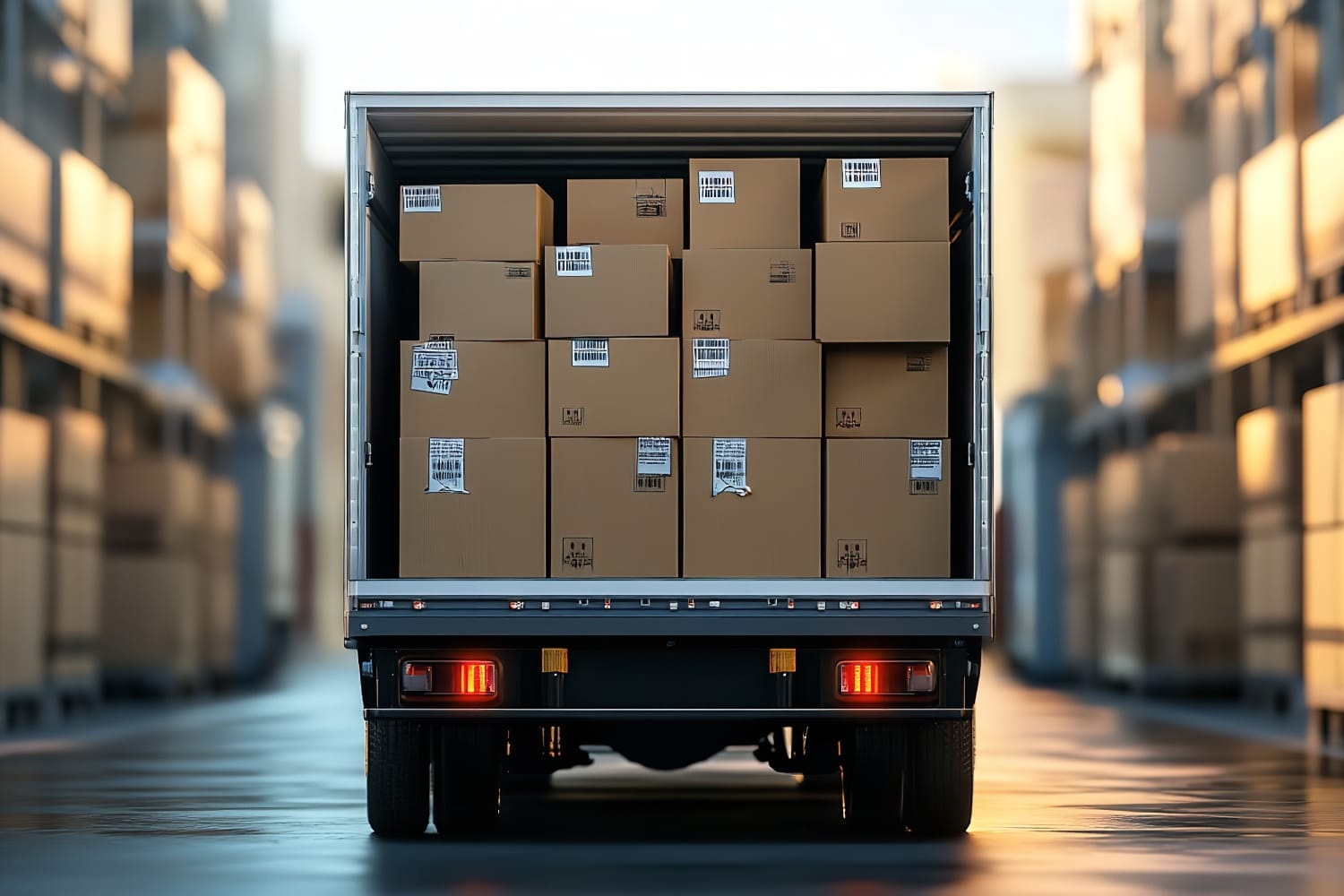 Rearview image of an open freight truck filled with boxes